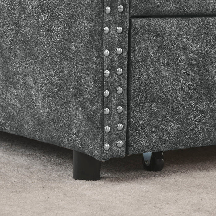 Upholstered Tufted Daybed With Drawers, Waved Arms