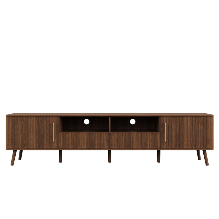 78" TV Stand For 85" TVs With Fluted Doors, Open Shelf, Cable Management - Walnut