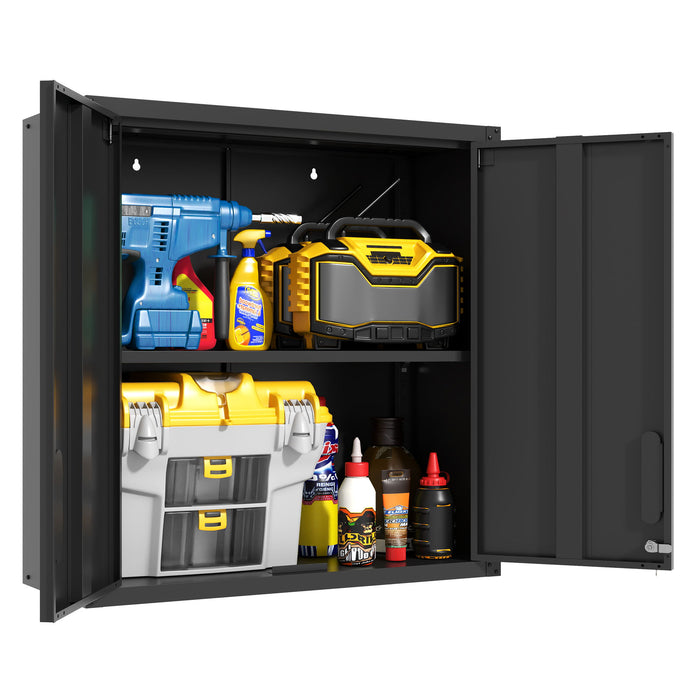 Metal Wall Mounted Tool Storage Cabinet With 2 Locking Doors, Adjustable Shelf, And Drawer