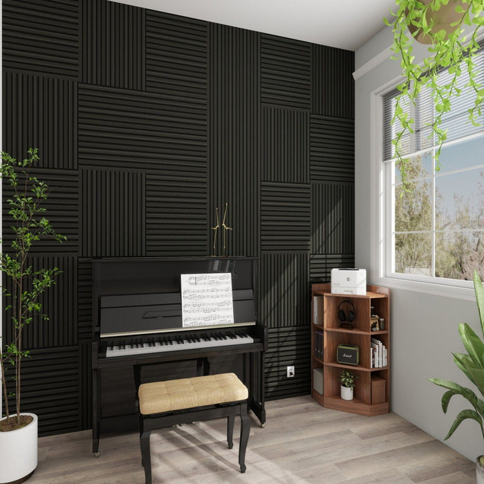Acoustic Panels With Strip Design, Sound Absorbing Wall & Ceiling Panels (Set of 4) - Matt Black