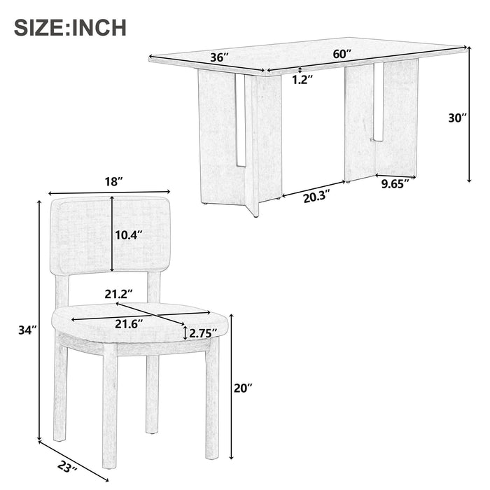 Dining Table Set With 6 Upholstered Chairs, Rectangular Table With Cutout Legs