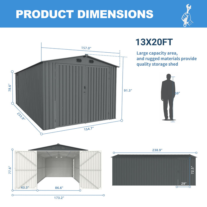 Industrial - 20' x 13' Heavy Duty Metal Garage Shed - Dark Gray