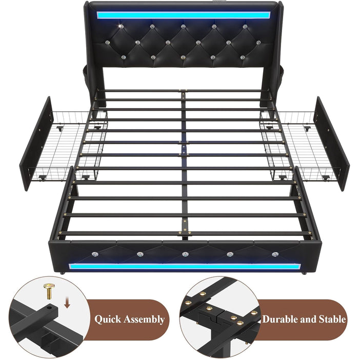 Wingback Upholstered Bed Frame With LED Lights, Charging Station