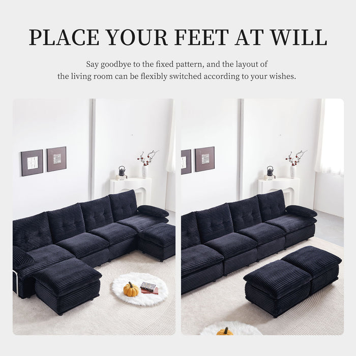 Upholstery Modular Sectional Sofa , 4 Seater With 2 Ottomans For Living Room - Black