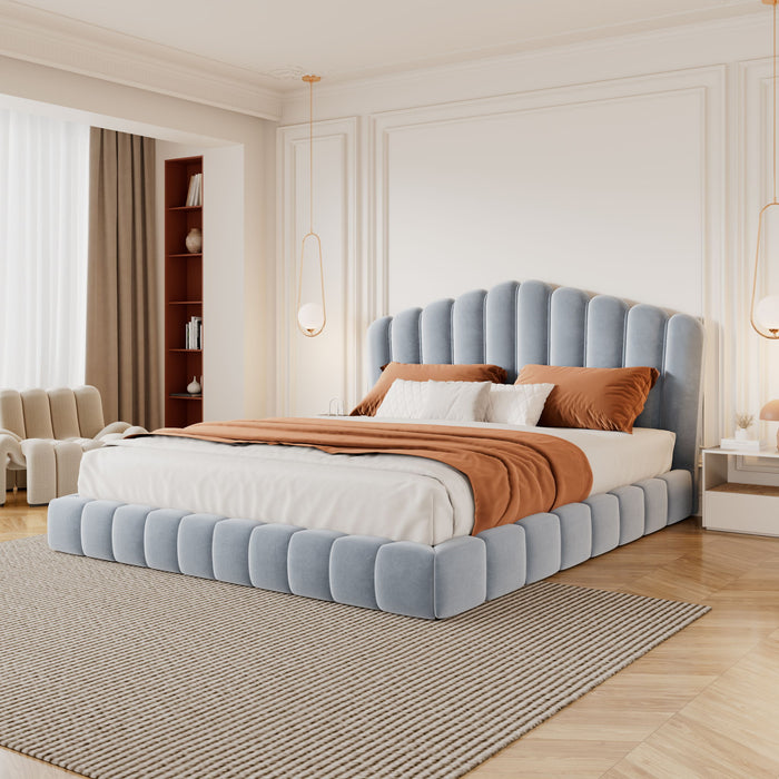 Queen Upholstered Bed Frame With Shell Shaped Headboard - Light Blue - Light Blue