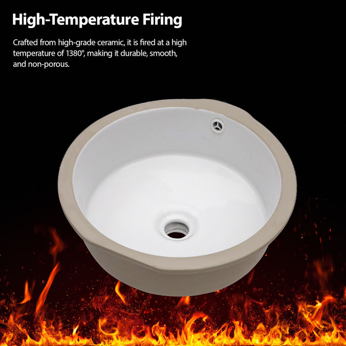 Ceramic Round Undermount Bathroom Sink With Overflow, European Style - White