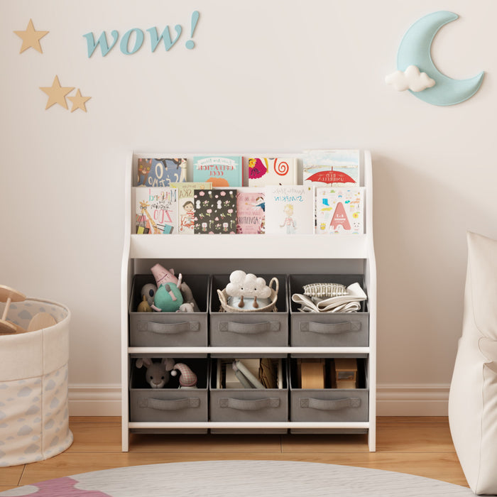 Bookshelf With 6 Storage Bins, Multi Functional Children's Bookcase And Toy Organizer - White