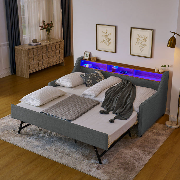 Upholstered Sofa Bed With LED Lights, Storage Headboard, Foldable Trundle & Wireless Charging