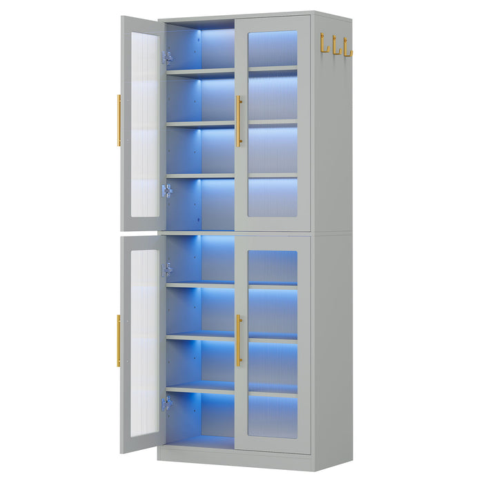 Bookcase With Doors And LED Lighting, 8 Adjustable Shelves Storage Cabinet