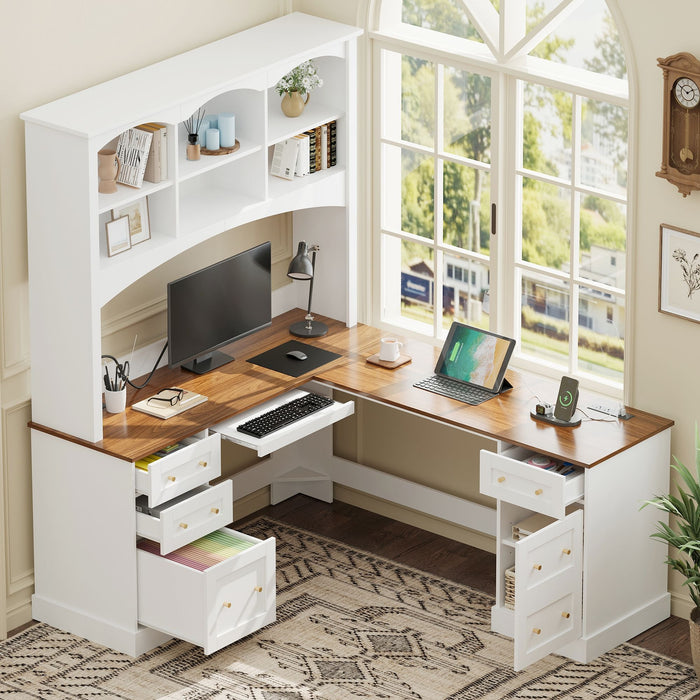 Space Saving L-Shaped Computer Desk With Keyboard Tray & Charging Stations