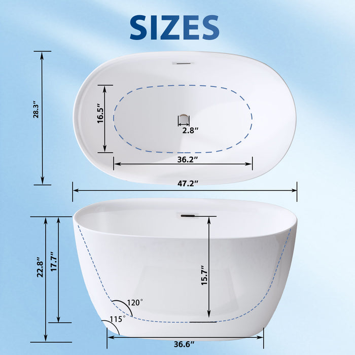 Freestanding Oval Bathtub With Overflow And Pop Up Drain, Double Walled Design - Gloss White