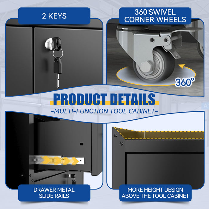 Rolling Metal Tool Storage Cabinet, Lockable Garage Storage Cabinet, Locking Metal Storage Cabinet With Wheels, Rolling Tool Chest, Assembly Required - Black