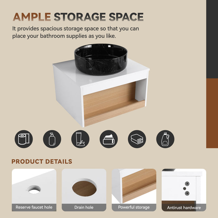 Floating Bathroom Vanity With Vessel Sink With Open Shelf Storage