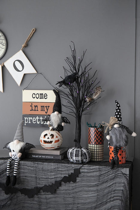 Sitting Gnome With Broomstick & Soft Legs, For Halloween Decor - Black White