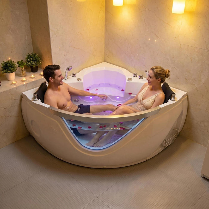 Xavier - Double Corner Massage Bathtub, Equipped With Gfci Plug And Ul Certified Water Pump, Upc Certified Drain - Milk White