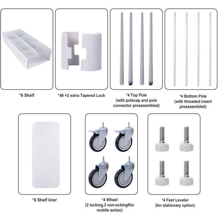 6 Tier 6000Lbs Capacity Nsf Metal Shelf Wire Shelving Unit, Heavy Duty Adjustable Storage Rack With Wheels & Shelf Liners For Commercial Grade Utility Steel Storage Rack