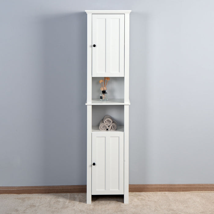 Wooden Bathroom Floor Storage Cabinet With 2 Doors And 6 Shelves - White