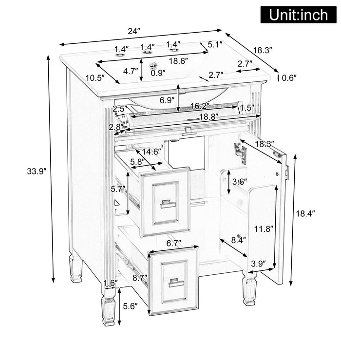 Modern Bathroom Vanity With Sink, Flip Drawer, 2 Drawers, Adjustable Shelf