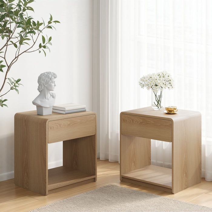 Bedside Table Set With Storage Drawers And Open Shelves, Compact With Rounded Corners (Set of 2) - Oak