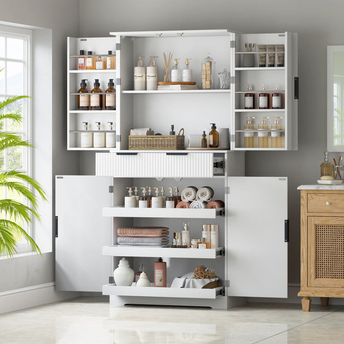 Fluted Kitchen Pantry Cabinet With 3 Keyboard Drawers & 6 Adjustable Door Shelves
