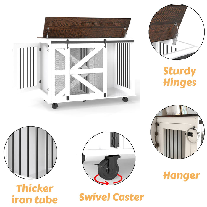 Mobile Dog Crate With Flip Top Feeding Door, Dual Access & 5 Caster System (2 Locking) - Brown White