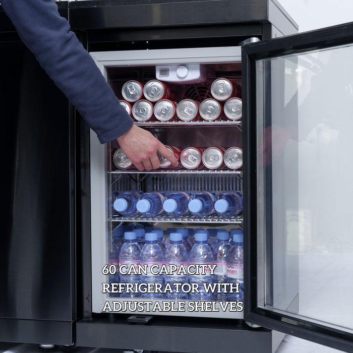 6 Burner 85, 000 Btu Outdoor Kitchen Island Grill With Wine Cooler Refrigerator, Rotisserie Kit, Granite Countertops & Sink - Black