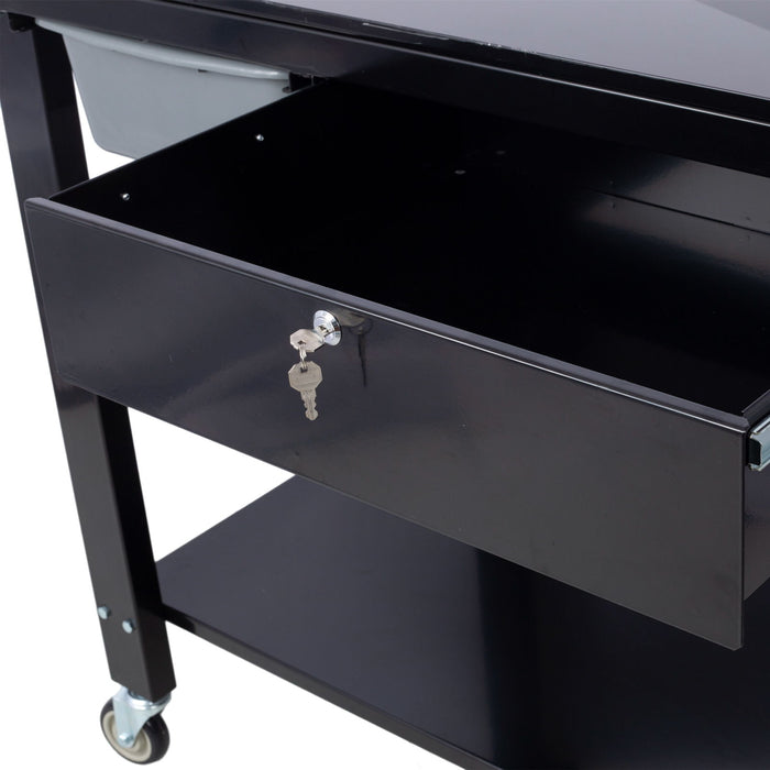 Transmission Teardown Work Station 1 / 2 Ton Capacity Sloping Drain Table Locking Drawer Removable Drain Basin Full-Width Lower Shelf Four 4" Caster Wheels