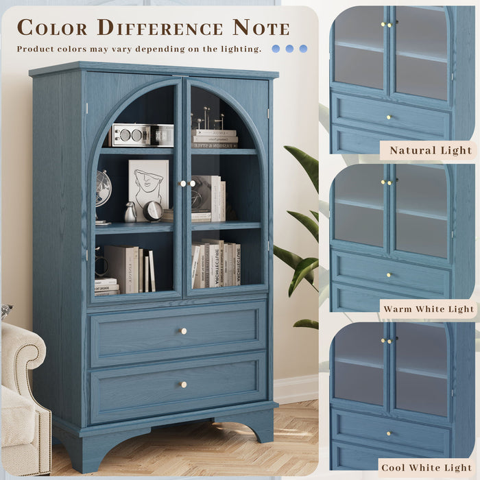 Glass Door Display Case With 2 Drawers And Adjustable Shelf