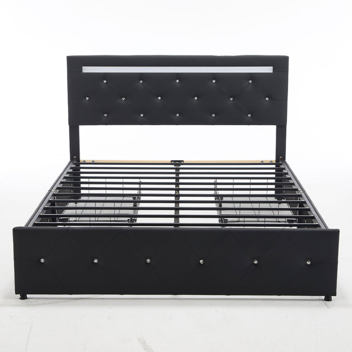 Upholstered Bed Frame With LED Lights, 4 Storage Drawers, Charging Station