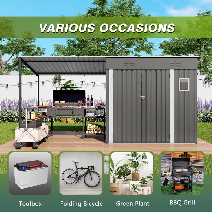 Lean To Shed With Open Sided Pergola, Outdoor Storage Shed & Attached Hardtop Gazebo Combo - Gray