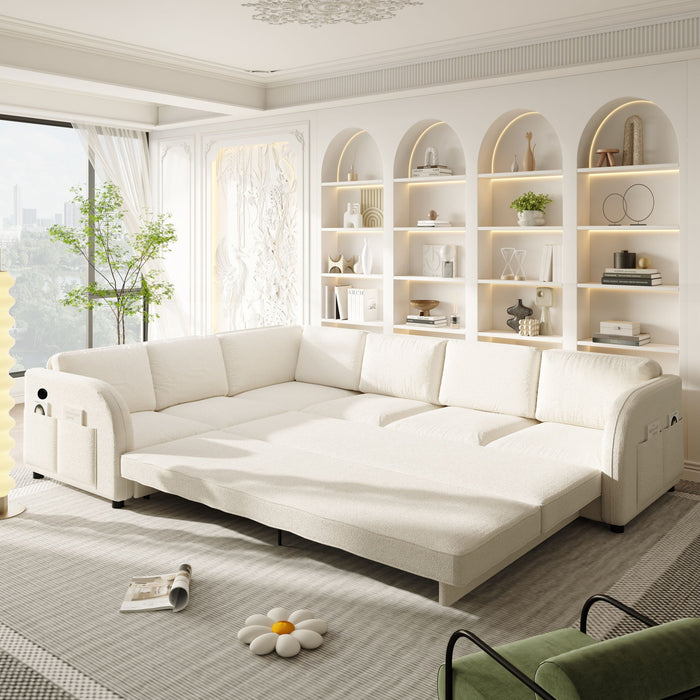 L-Shaped Couch With Pull-Out Bed, Convertible Sleeper Sofa With Side Pocket & USB Port