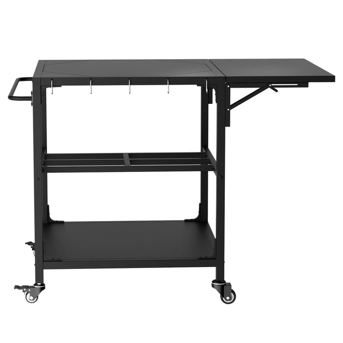 Outdoor Grill Table, Prep Cart With Wheels, Storage Shelf And Hooks - Black