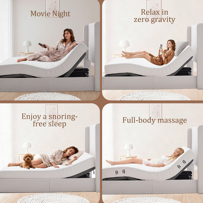 Caron - Queen Size Upholstered Wingback Bed With Adjustable Base Bundle Set - Ivory