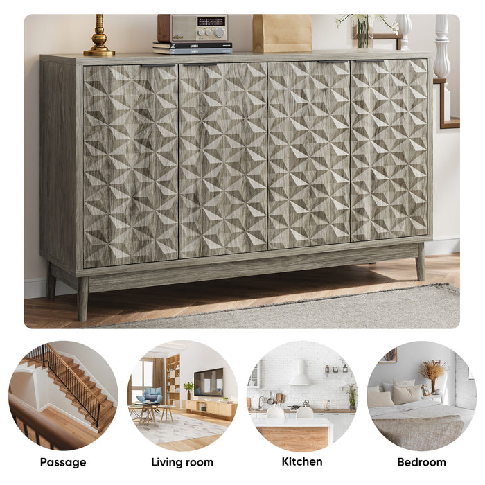 Modern Style Buffet Cabinet, Sideboard Buffet Cabinet With Storage, Storage Cabinet With 4 Diamond Shaped Relief Doors For Living Room, Dining Room, Entryway, Hallway, Kitchen - Gray - Gray