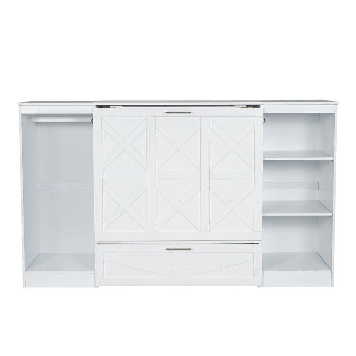 Twin Size Murphy Bed With Bedside Shelves And Wardrobe - White