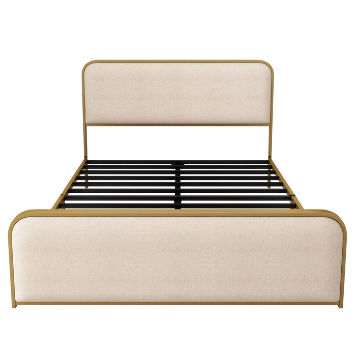 Queen Size Bed Frame With Curved Upholstered Headboard And Footboard - Beige / Gold