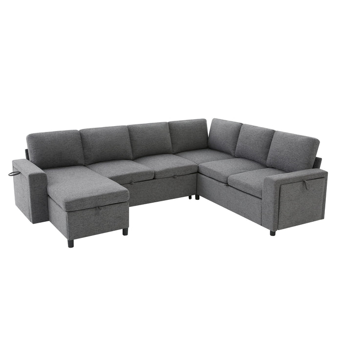 U - Shaped Convertible Sectional Sofa Bed With Storage, USB Charger & Cup Holders