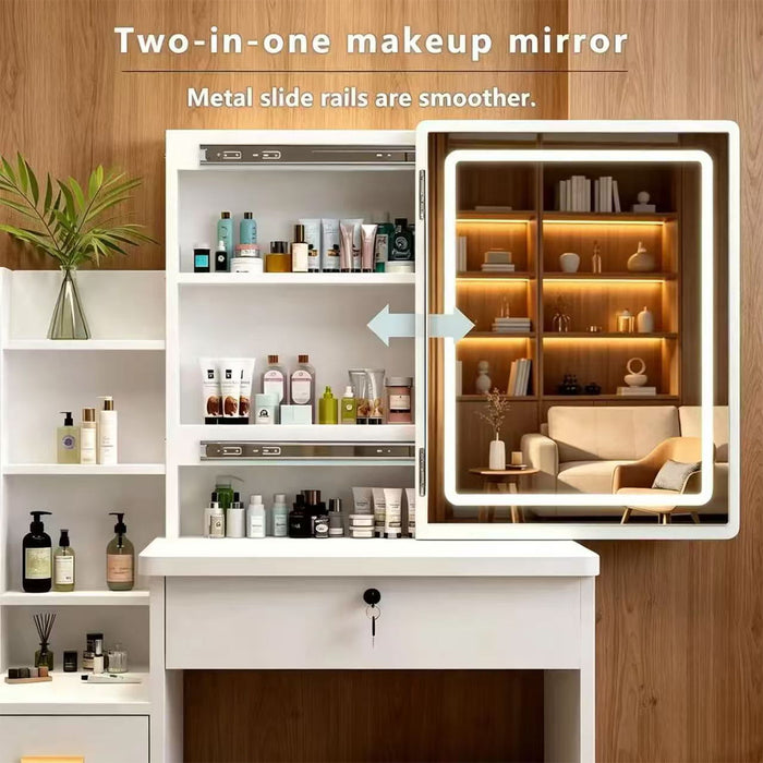 Vanity Set With LED Mirror, Storage Dressing Table & Cushioned Stool - Cream White