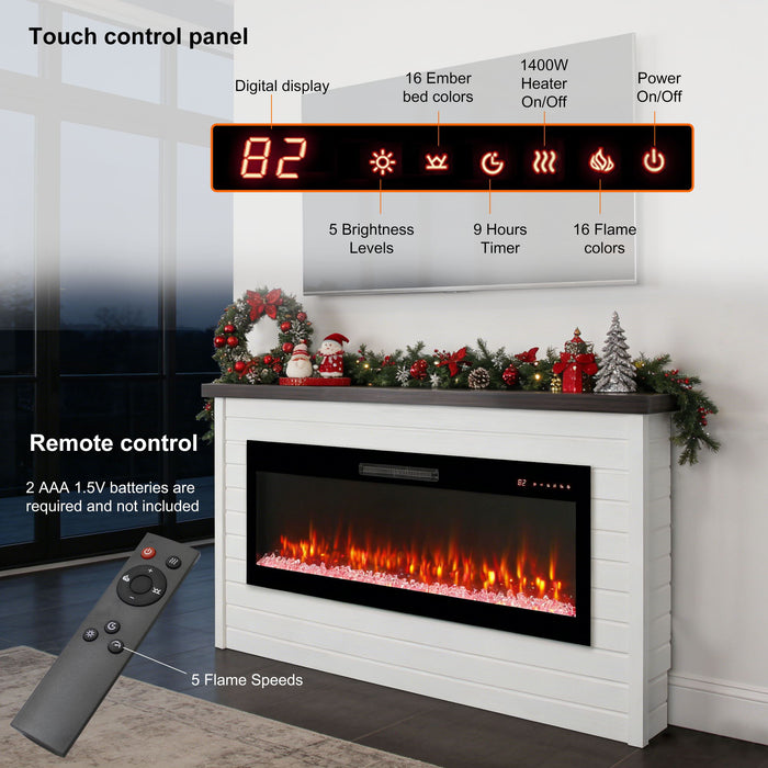 65" Electric Fireplace With Wall Mantel, 50" Fireplace Insert Heater, Remote Control, Timer For Living Room - Antique White