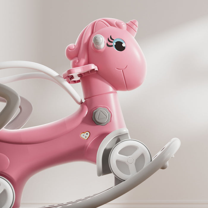 Unicorn Rocking Horse For Toddlers, Ride On Toy With Push Handle And Balance Board - Pink