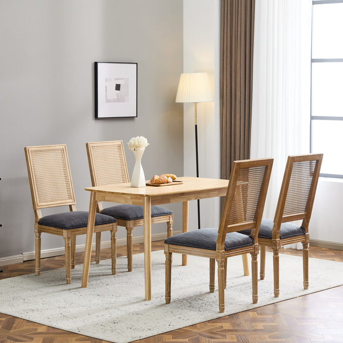 French Country Dining Chair With Rectangular Cane Backrest And Smooth Upholstered Seating