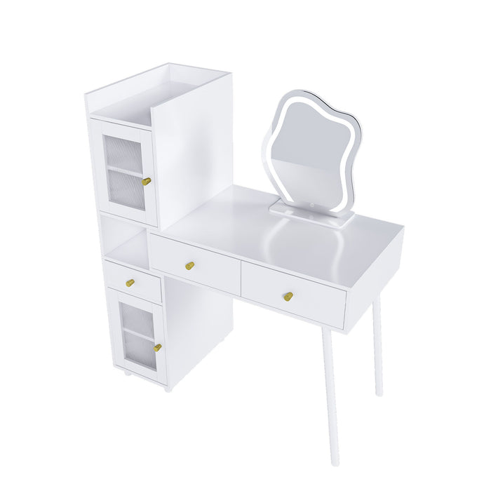 Vanity Dressing Table With LED Mirror & Storage Makeup Desk With 3 Drawers, 2 Open Shelves & 4 Hidden Cabinets - White