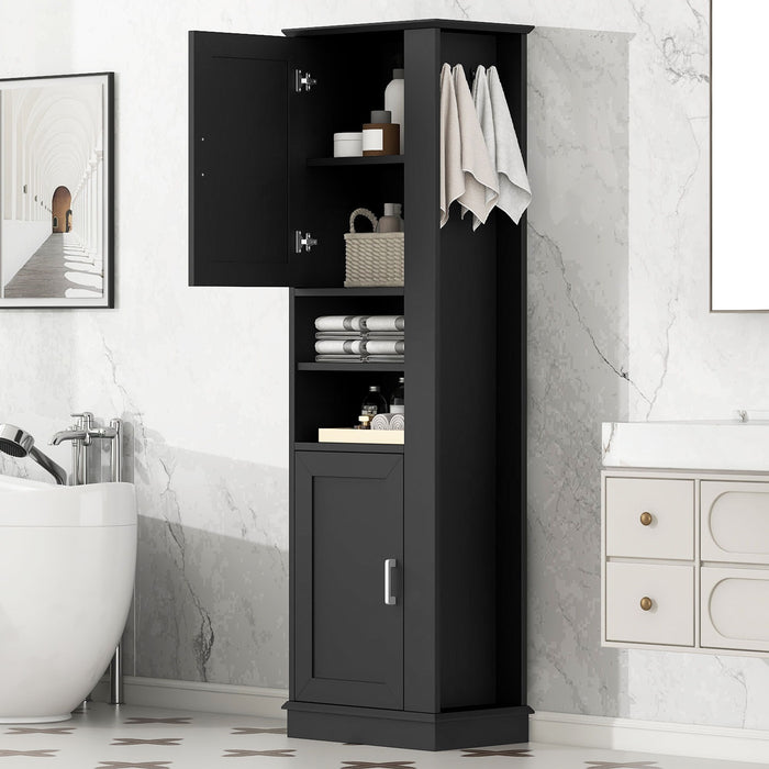 Tall Freestanding Bathroom Storage Cabinet With Adjustable Shelves And Side Hooks Board, Rectangle Design