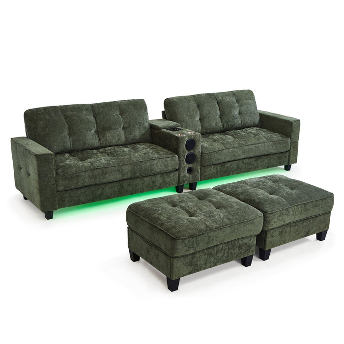 Modern Sectional Sofa U-Shaped With Movable Ottomans, Bluetooth Speakers, LED Lights And Modular Storage