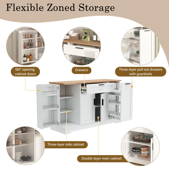 Sideboard With Extendable Table, Adjustable Shelves, 3 Tier Pull Out Rack - White