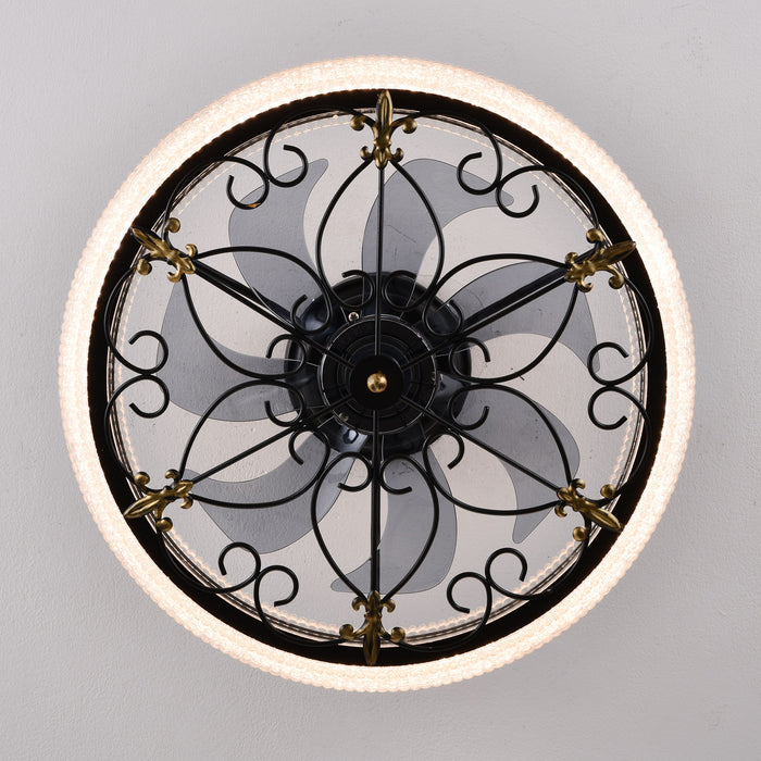 20" Caged Ceiling Fan With Remote Control And Crystal Sand Lampshade - Matte Black