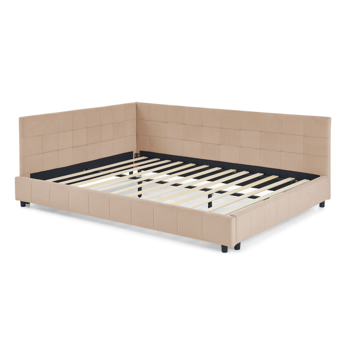 Mid-Century Storage Upholstered Tufted Bed Frame With Backrest And Armrests