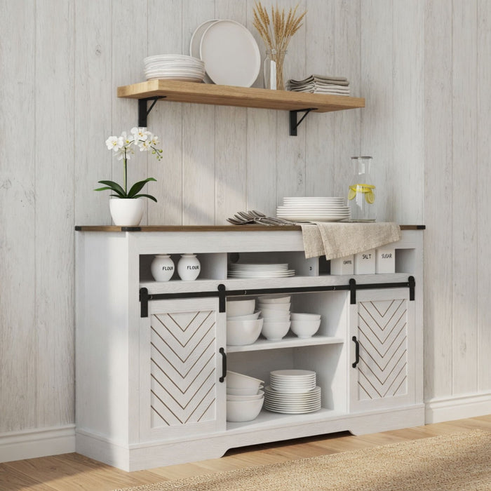 TV Stand With Sliding Barn Doors And Adjustable Storage - White / Oak