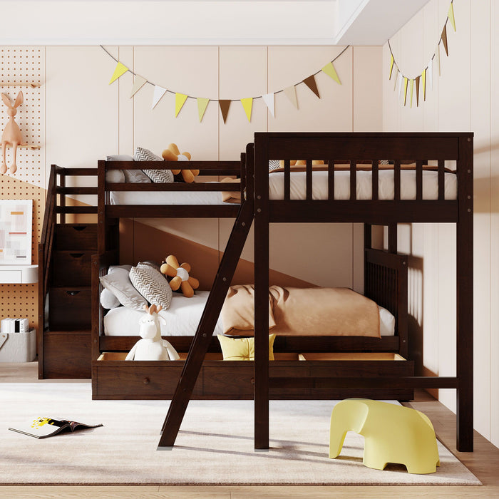 Solid L Shaped Bunk Bed With 3 Drawers, Ladder And Staircase