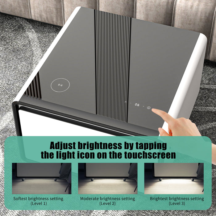 Modern Smart Side Table With Built-In Fridge, Wireless Charging, Temperature Control, Power Socket, USB Ports, Outlet Protection, Induction Light